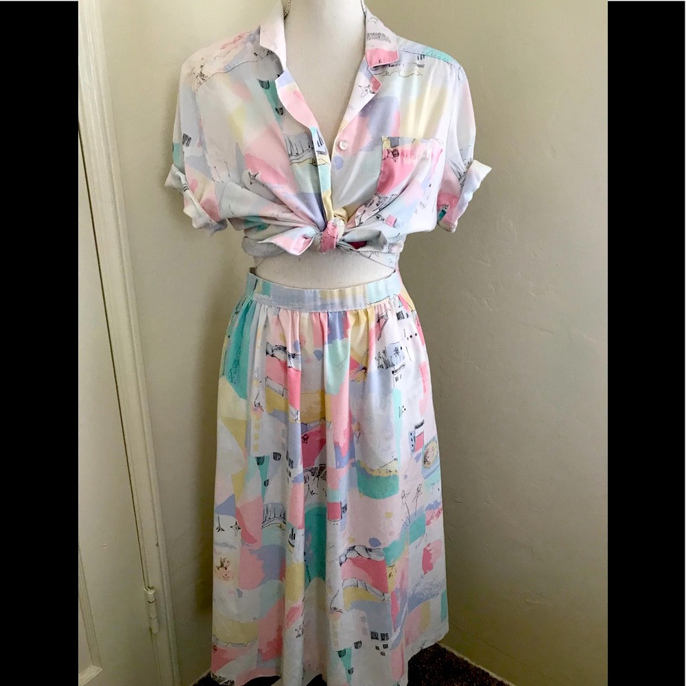 Vintage Patterned Skirt and Buttoned Blouse Set (Size Small)